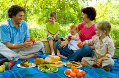 Family enjoying a picnic with healthy foods